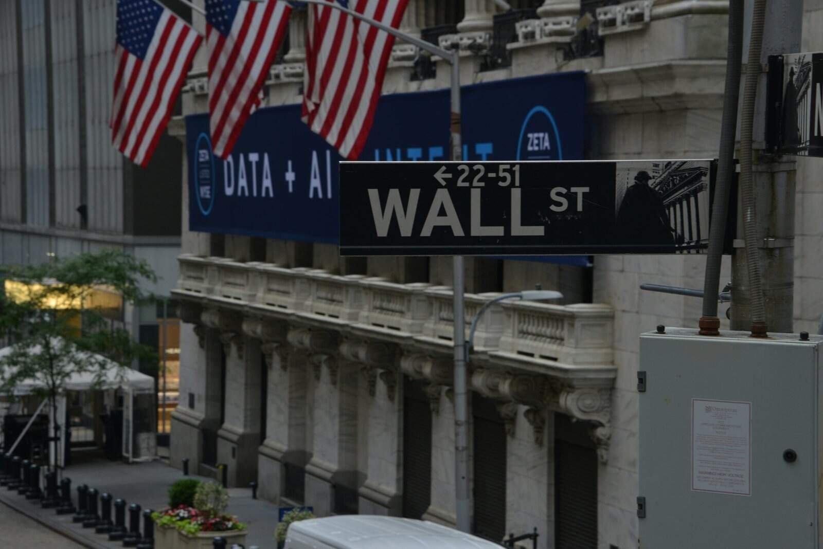 “Wall Street sign in New York City with American flags and financial district buildings”