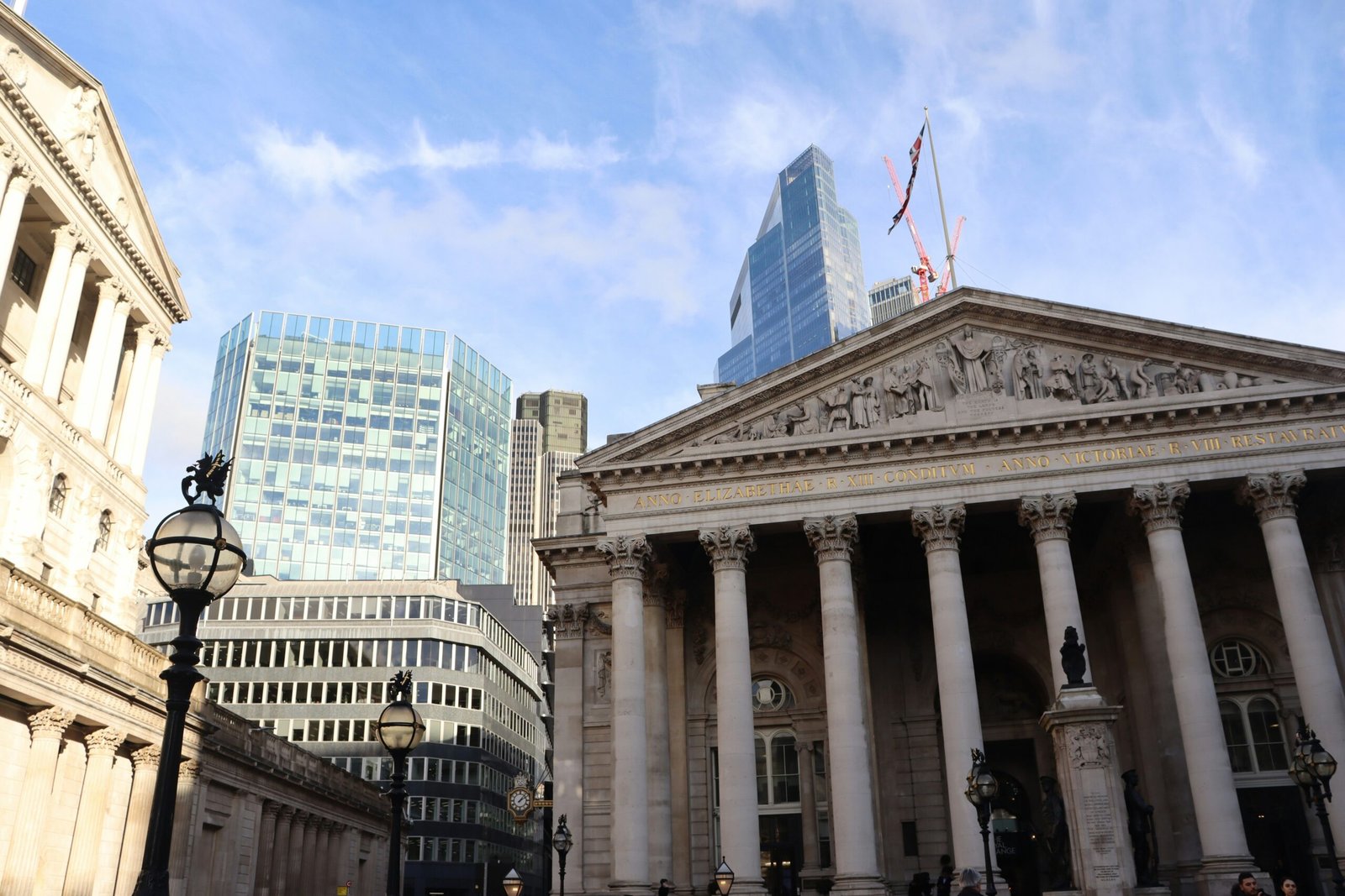 “Bank of England and London financial district skyline on a clear day.”